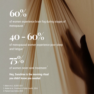 An informational graphic with statistics about menopause symptoms and treatment on a beige background with draped fabric and a hand silhouette. Text reads: 60% of women experience brain fog during stages of menopause, 40-60% of menopausal women experience poor sleep and fatigue, and 75% of women never seek treatment.
