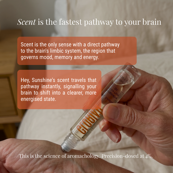 A hand holds a small clear glass rollerball vial labeled 'GLORIAH' with amber liquid inside, overlaid with marketing text about scent and brain pathways. A second hand rests below, and a soft beige fabric background is visible.