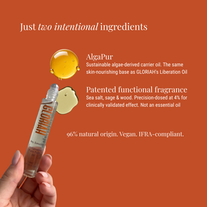 A hand holds a clear glass rollerball bottle labeled GLORIAH against an orange background with marketing text about two intentional ingredients: AlgaPur and a patented functional fragrance.