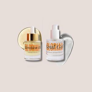 Two personal care products on a light beige background: a clear dropper bottle of GLORIAH Liberation Oil with a gold cap and a gold textured circle behind it, and a clear pump bottle of GLORIAH Soul Gel with an orange label and a white gel smear to the right.