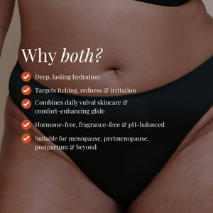 Close-up of a woman's lower torso wearing black underwear, with overlaid marketing text reading 'Why both?' and bullet points about deep hydration, relief of itching/redness/irritation, combined daily vulva skincare and comfort glide, hormone-free fragrance-free pH balanced formula, and suitability for menopause, perimenopause, and postpartum.