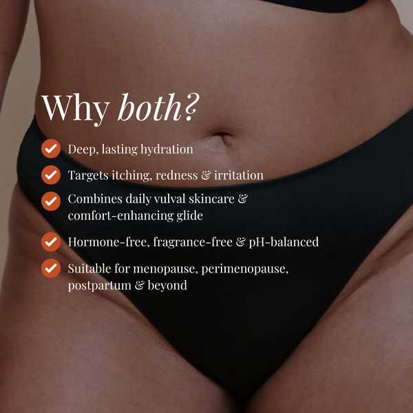 Close-up of a woman's lower torso wearing black underwear, with overlaid marketing text reading 'Why both?' and bullet points about deep hydration, relief of itching/redness/irritation, combined daily vulva skincare and comfort glide, hormone-free fragrance-free pH balanced formula, and suitability for menopause, perimenopause, and postpartum.