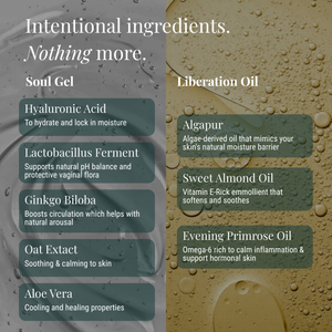 An informational graphic with a split design showing ingredients for Soul Gel and Liberation Oil. The left half is a cool gray-blue with water droplets and text listing Hyaluronic Acid, Lactobacillus Ferment, Ginkgo Biloba, Oat Extract, and Aloe Vera.