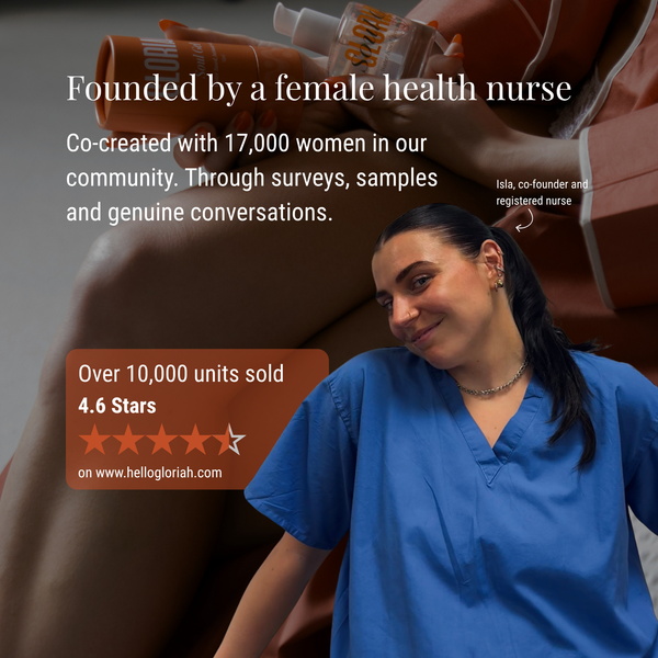 A promotional graphic for a health-related product featuring a woman in blue scrubs in the foreground and a close-up of a medical device in the background. Large text reads 'Founded by a female health nurse' and includes additional marketing copy and a star rating badge.
