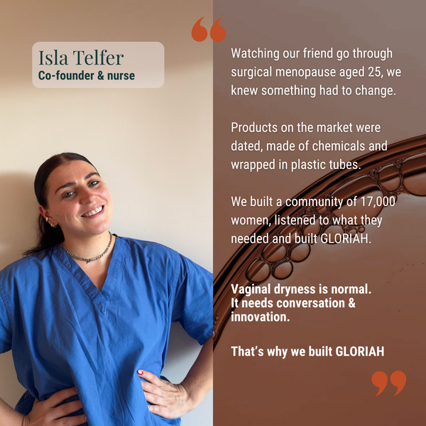 A promotional graphic featuring a smiling woman in blue scrubs on the left and a large block of text on the right about GLORIAH, set against a beige and brown background with decorative quote marks.
