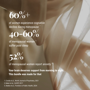 An informational graphic with large white text over a soft beige and brown abstract background featuring draped fabric and a close-up of a hand. The text states statistics about menopausal women: 60%+ experiencing cognitive decline, 40-60% suffering poor sleep, and 52% reporting anxiety.