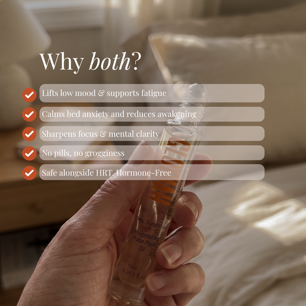 A hand holds a small clear bottle of pulse point oil in front of a softly blurred bedroom background. White text on the left reads 'Why both?' with five checkmarked benefit points below.