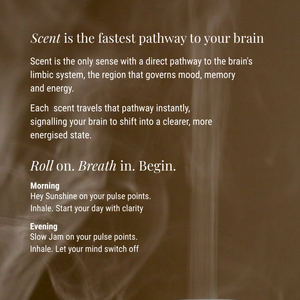 A brown-toned text graphic with white copy about scent and brain pathways, plus morning and evening breathing instructions. No physical product is shown.