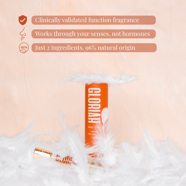 An orange cylindrical cosmetic bottle labeled GLORIAH stands upright in white feathers against a soft peach background, with two smaller bottles lying nearby. Text at the top highlights clinically validated function fragrance, hormone-free use, and natural ingredients.