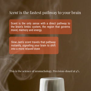 Promotional graphic for a diffuser with text about scent pathways and a partial view of a white cylindrical diffuser at the bottom on a warm brown background.