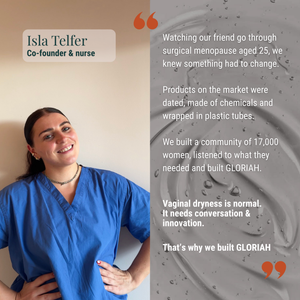 A promotional graphic featuring a smiling woman in blue scrubs on the left and a gray textured background with text on the right. The text introduces Isla Telfer, co-founder and nurse, and discusses women's health, including vaginal dryness, and mentions GLORIAH.